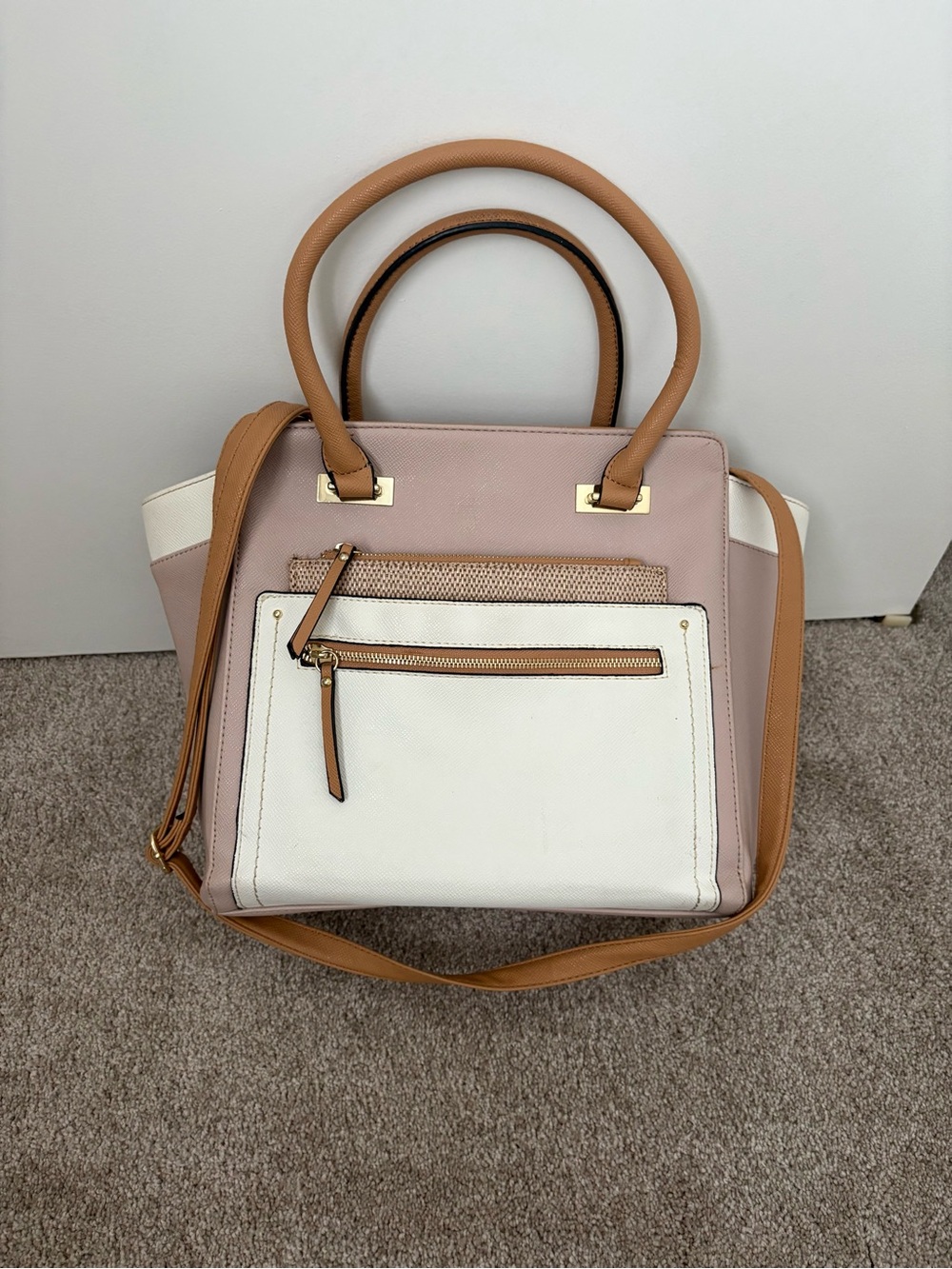 Pink & White Tote Purse with Removable Clutch